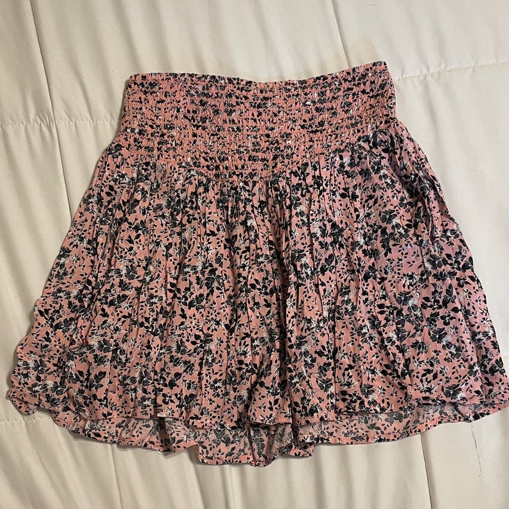 Aeropostale Pink Floral Smocked Mini Skirt with Black Print